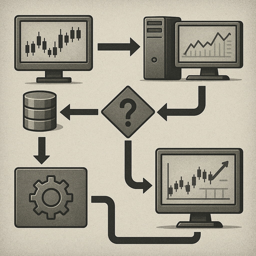 Flowchart showing the automated trading system process from data collection to trade execution with arrows and decision points