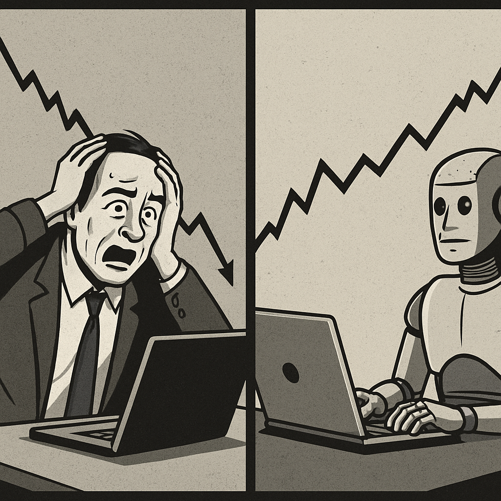 Split-screen comparison showing emotional manual trader vs calm automated system performance charts