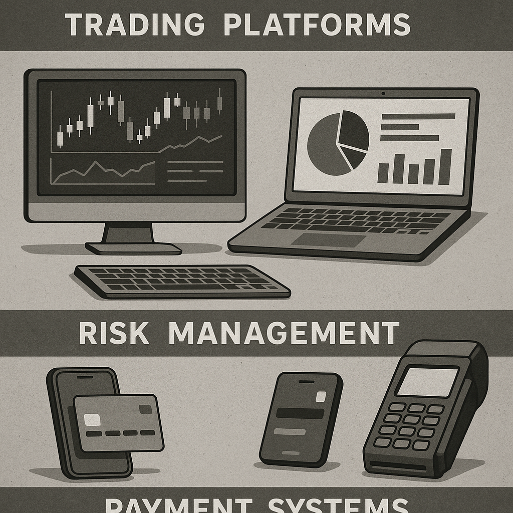Screenshot showing prop firm technology stack including trading platforms, risk management tools, and payment systems