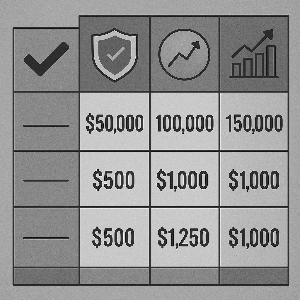 Comparison chart showing top instant funding prop firms with account sizes and fees