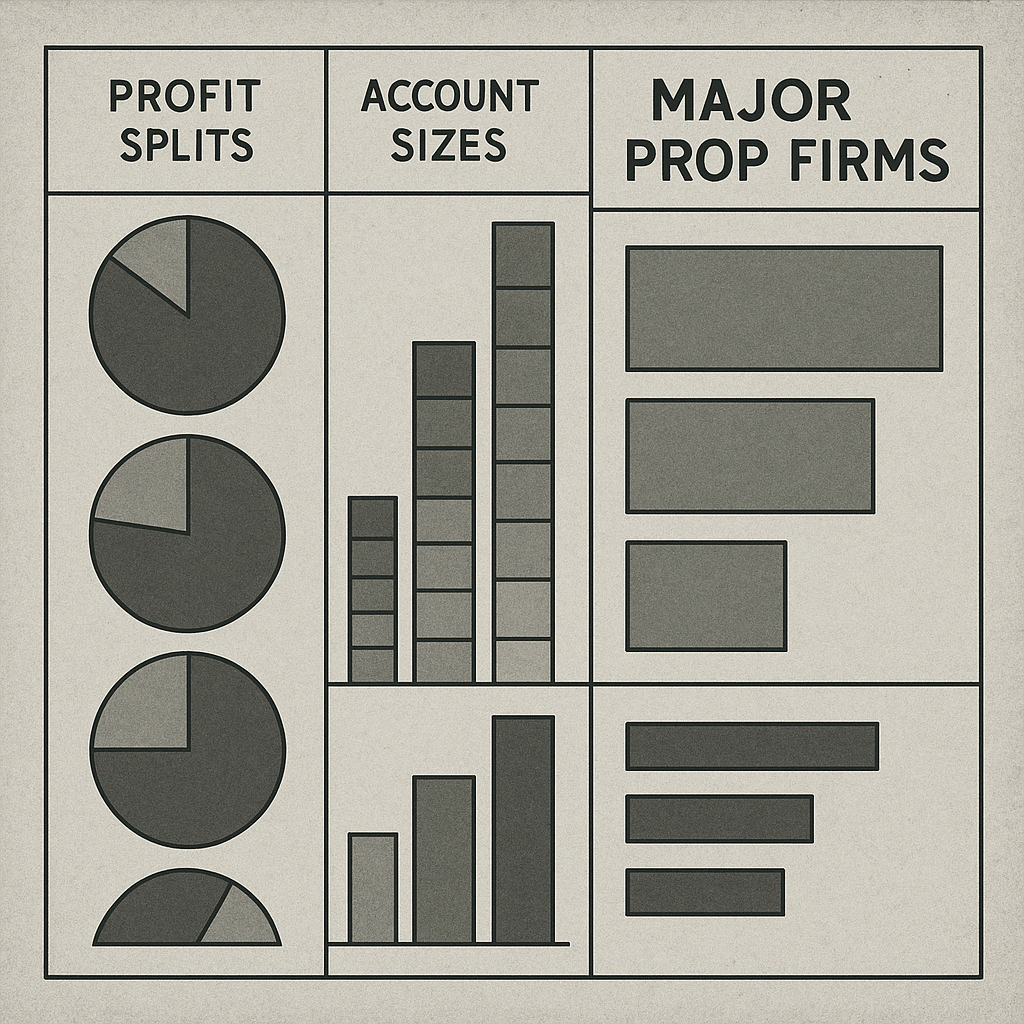 Comparison chart showing profit splits, account sizes, and fees across major prop firms