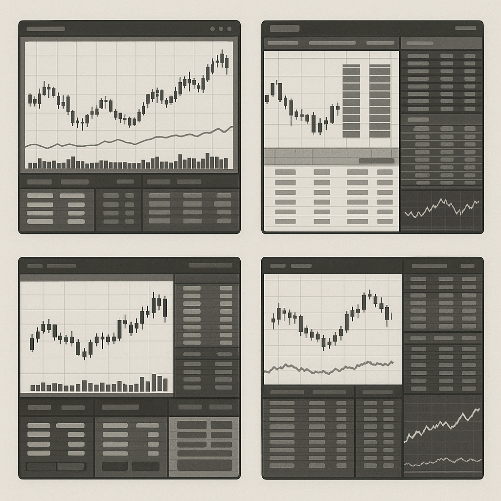 Screenshots of different trading platforms showing interface comparisons