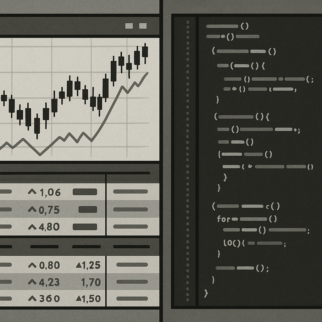 Split screen showing MetaTrader interface with automated trades executing alongside code editor displaying trading algorithm