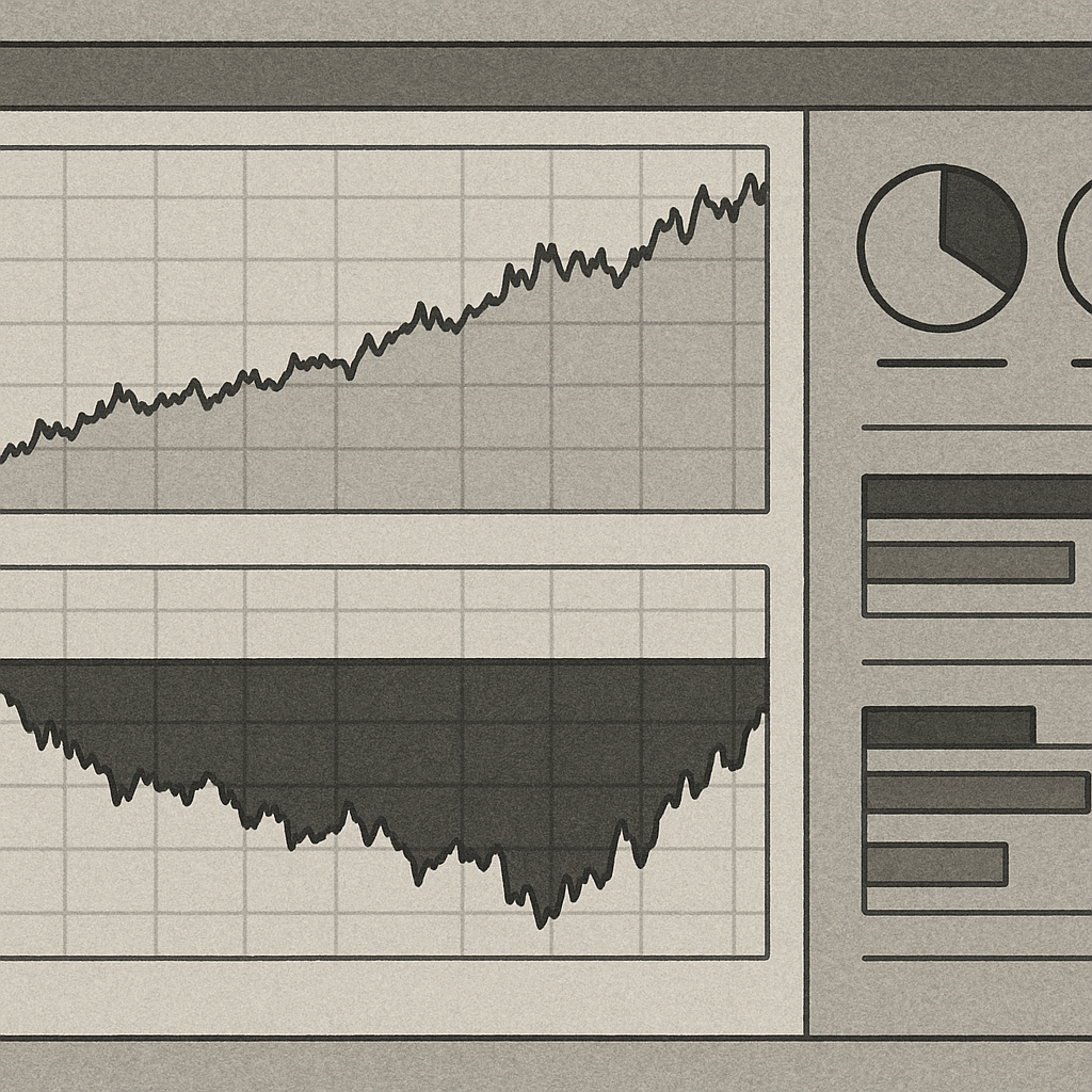 Backtesting results dashboard showing equity curve, drawdown chart, and trade statistics for an automated forex strategy