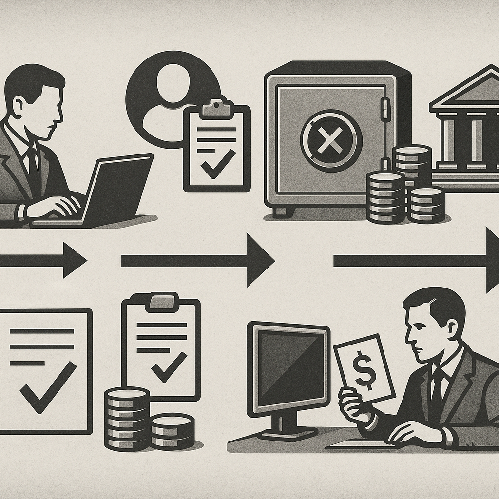 Flowchart showing prop firm payout processing stages from submission to bank transfer completion