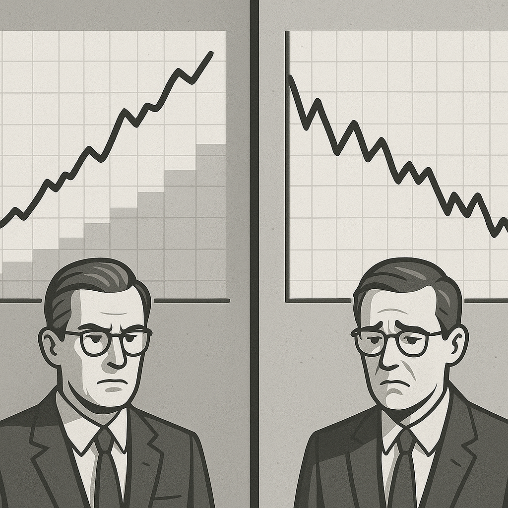 Split-screen comparison showing conservative vs aggressive position sizing with profit/loss curves over time
