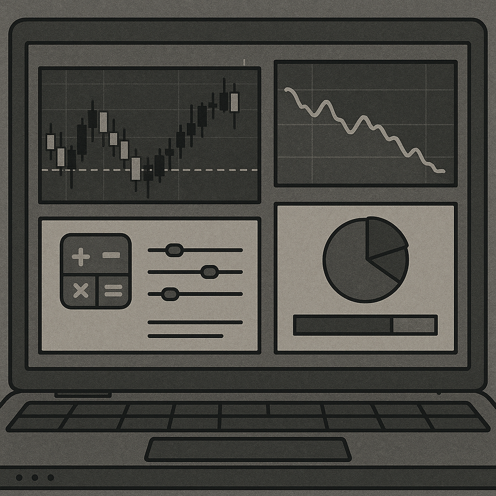 Trading platform dashboard showing automated risk management tools including stop losses, position calculators, and drawdown monitors