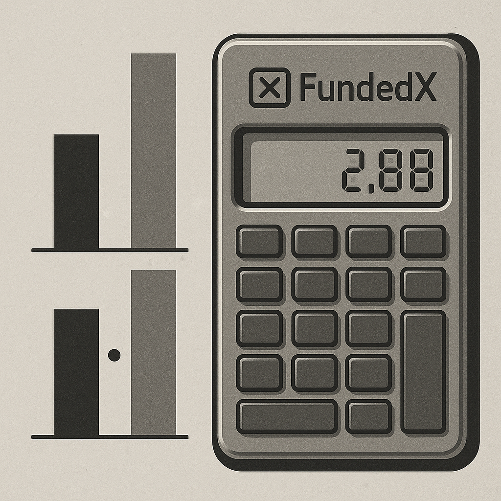Calculator showing real vs advertised profit splits after fees, with FundedX showing transparent pricing