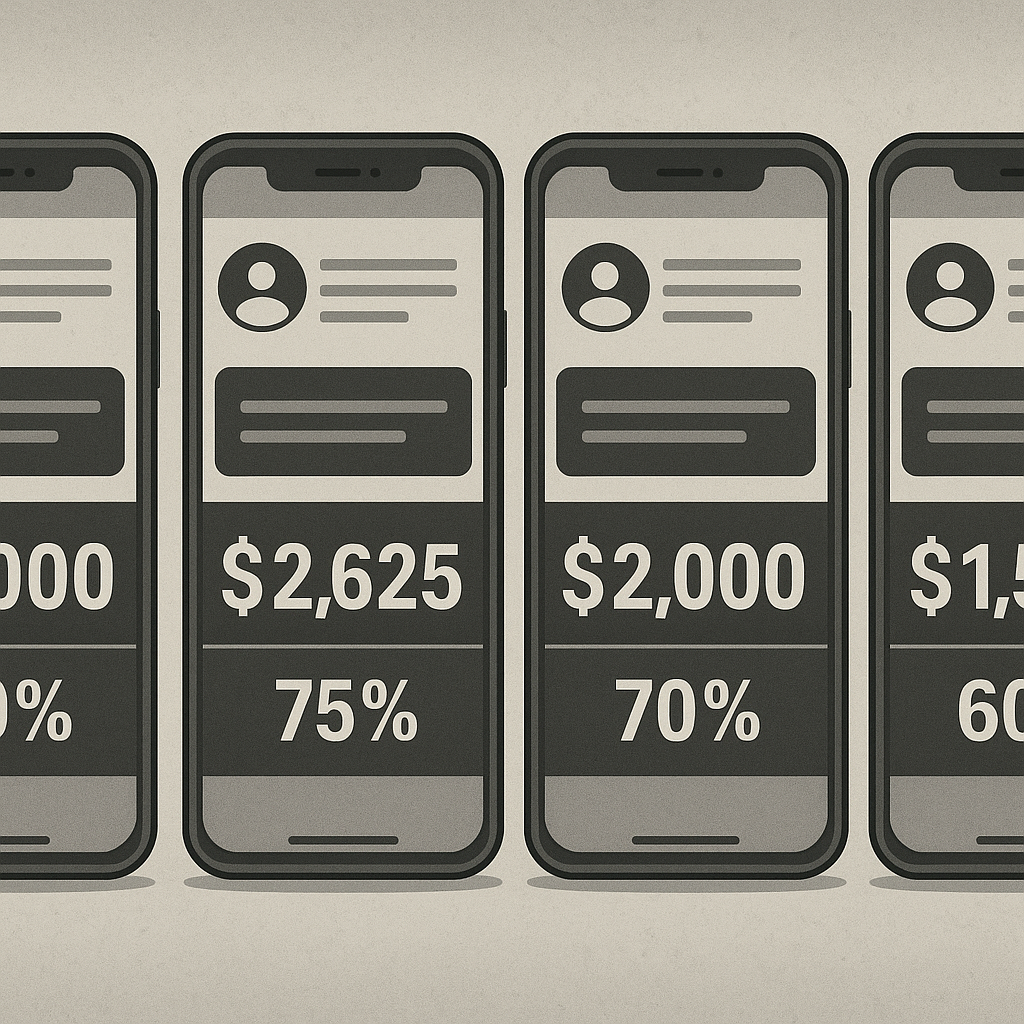 Real trader testimonial screenshots showing payout amounts from different profit split percentages