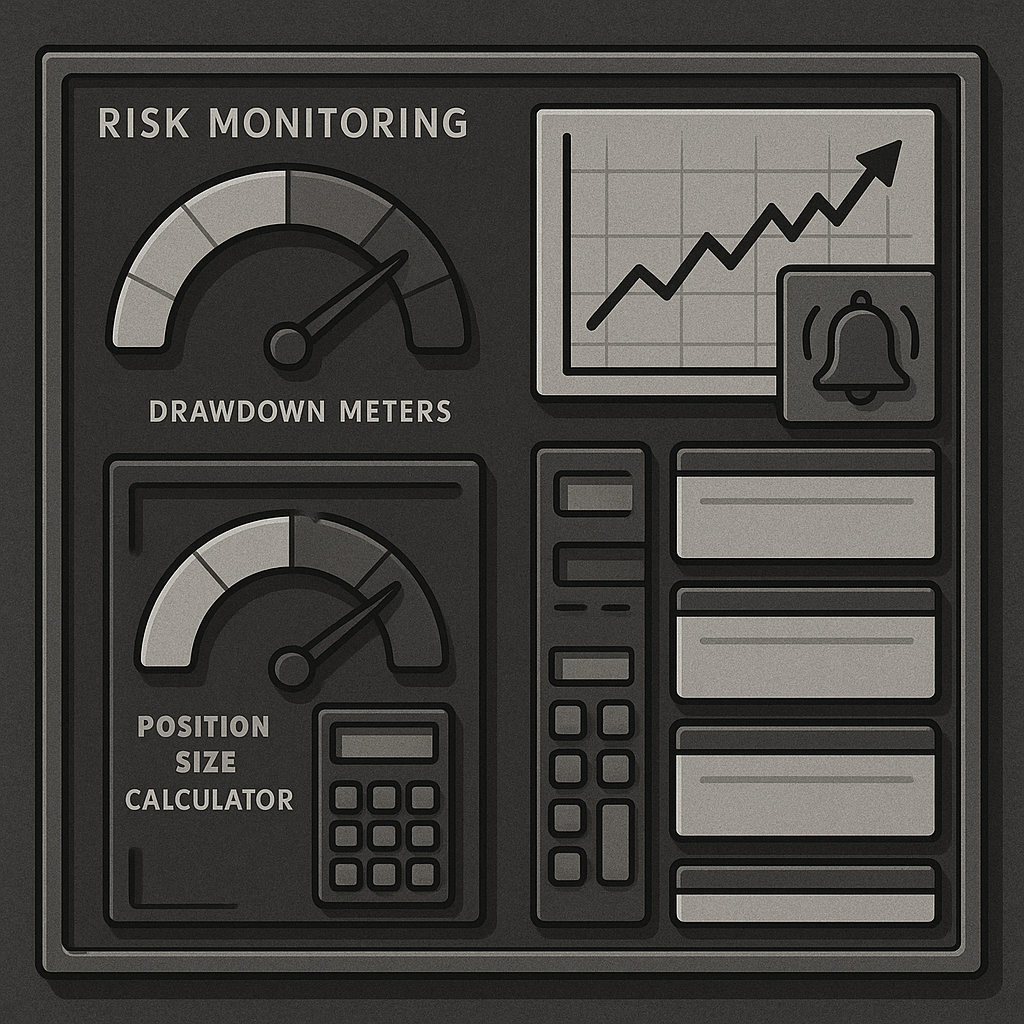 Dashboard screenshot showing real-time risk monitoring with drawdown meters, position size calculators, and automated alerts