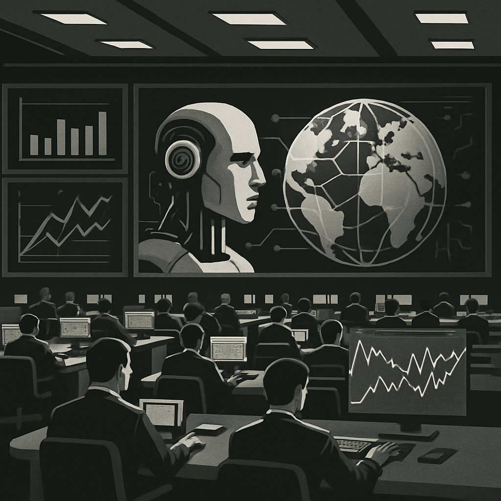 Futuristic trading floor with AI-powered analytics displays and global market connectivity visualization