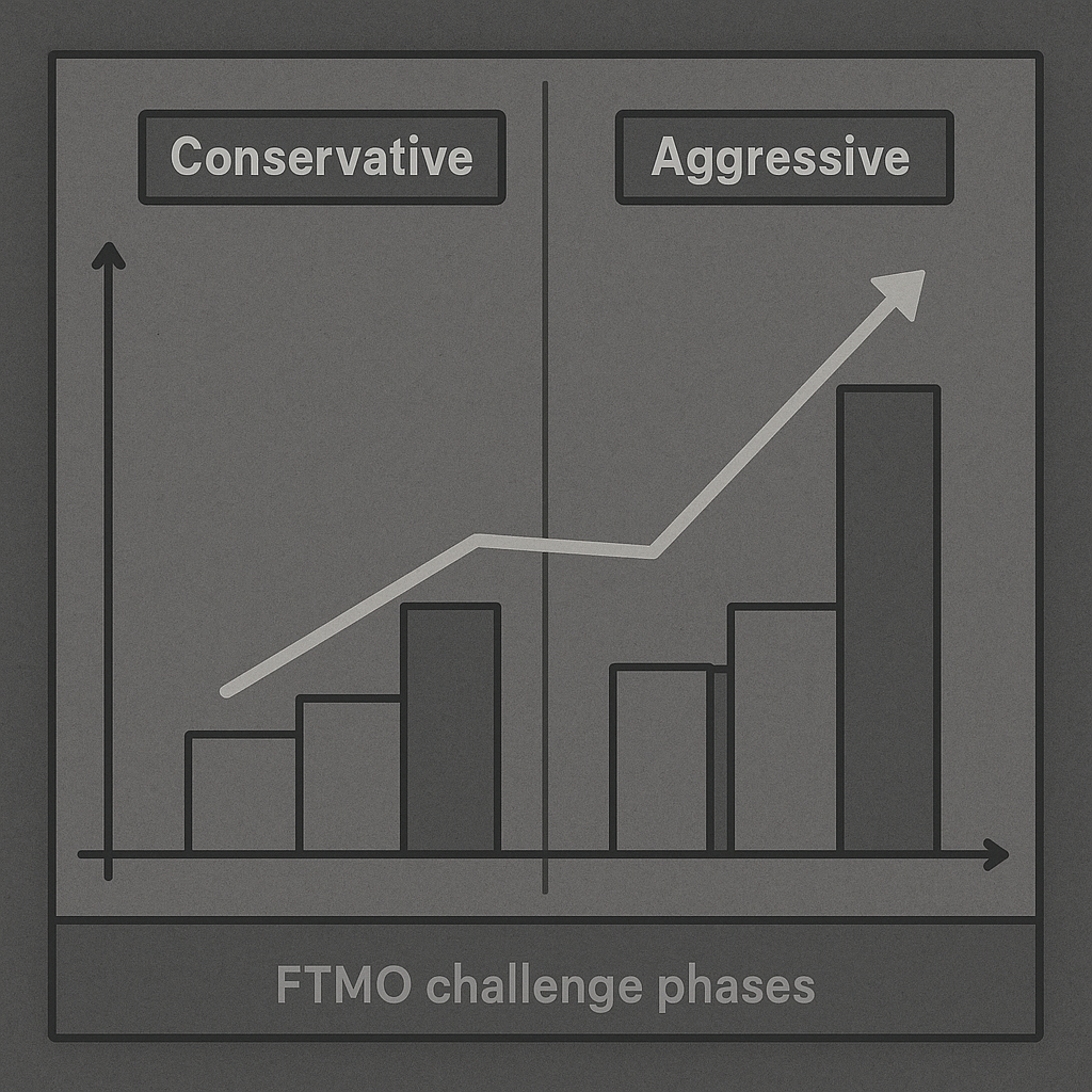 Chart showing comparison of conservative vs aggressive profit targets during FTMO challenge phases