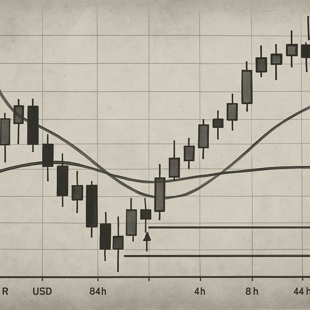 Screenshot of a 4-hour EUR/USD chart showing successful moving average crossover trade setup with entry, stop loss and take profit levels marked