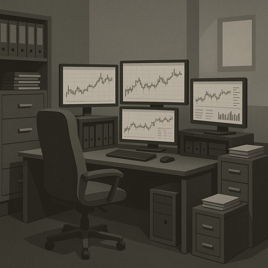 Professional trader's organized home office with multiple monitors, trading setup, and filing system showing proper record keeping practices