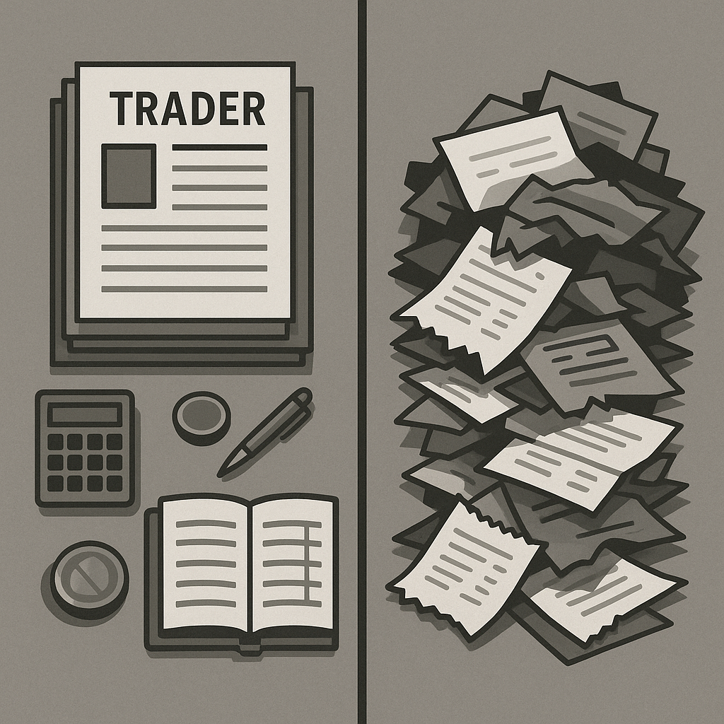 Split screen showing organized trader tax documents versus disorganized pile of receipts and papers, illustrating proper vs poor record keeping