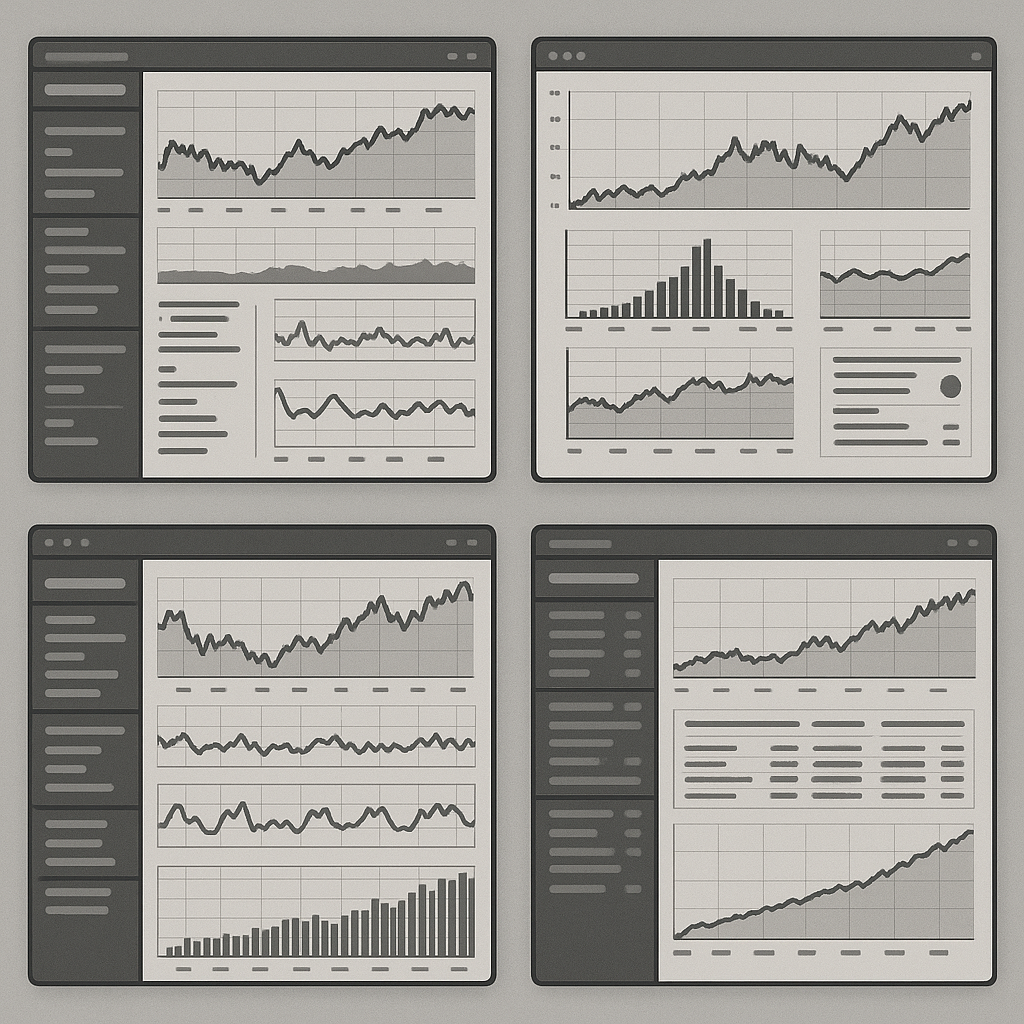 Screenshots of different backtesting platforms showing interface comparisons and feature sets