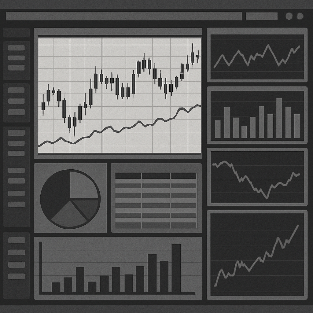 Screenshot showing a comprehensive algorithmic trading platform dashboard with multiple asset classes, real-time charts, risk management panels, and strategy performance metrics