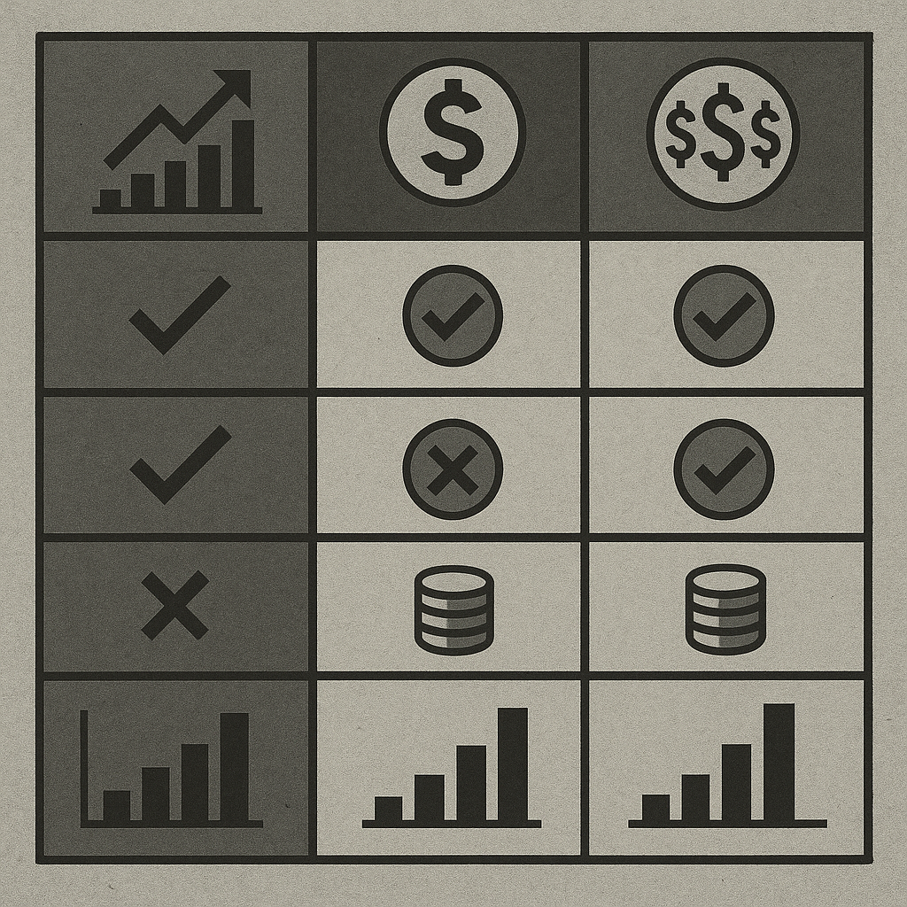 Comparison chart showing different pricing tiers for algorithmic trading platforms with breakdown of features, data costs, and commission structures