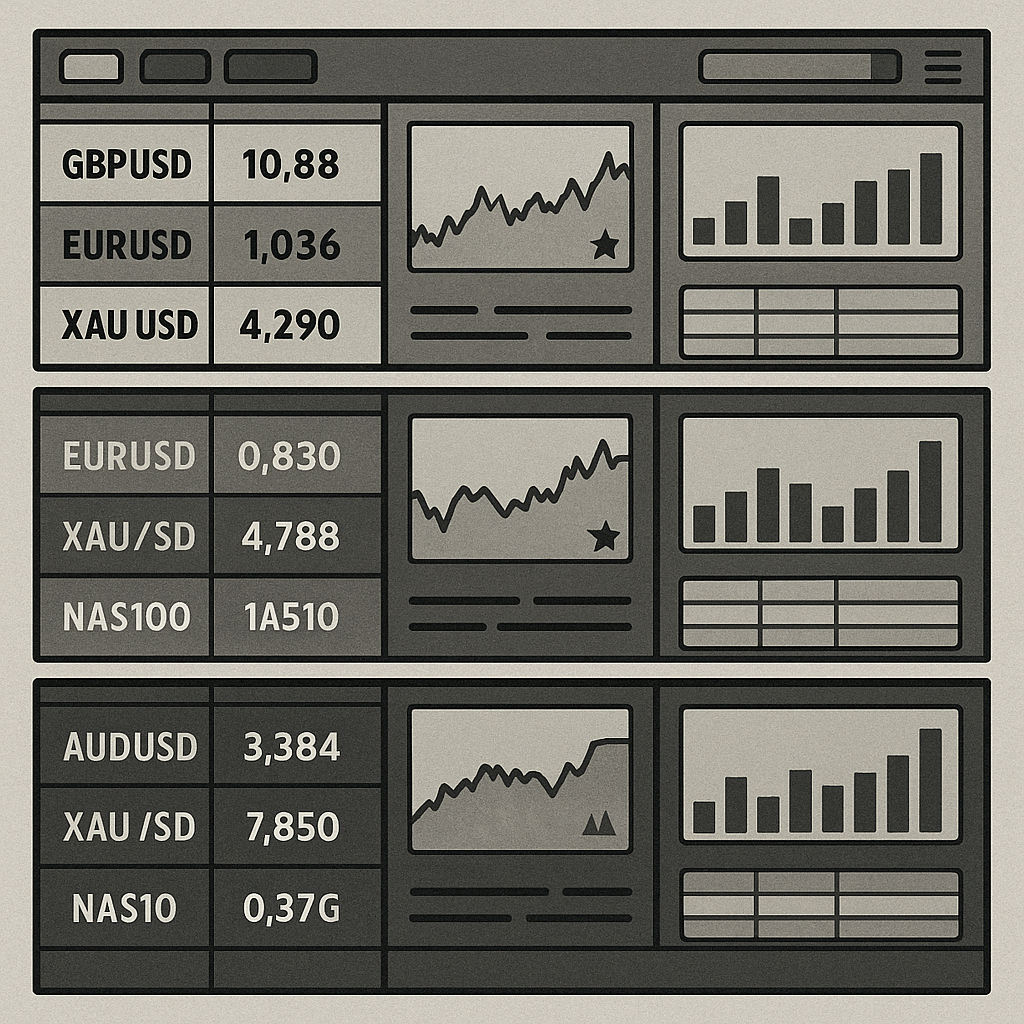 Dashboard screenshots comparing trading platform interfaces from top 3 prop firms showing spreads, execution speeds, and available instruments