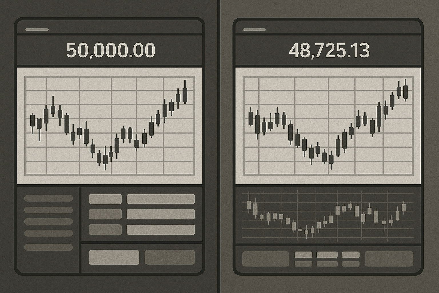 Split-screen comparison showing a funded trading account interface on the left and a live brokerage account interface on the right, with trading charts and account balances visible