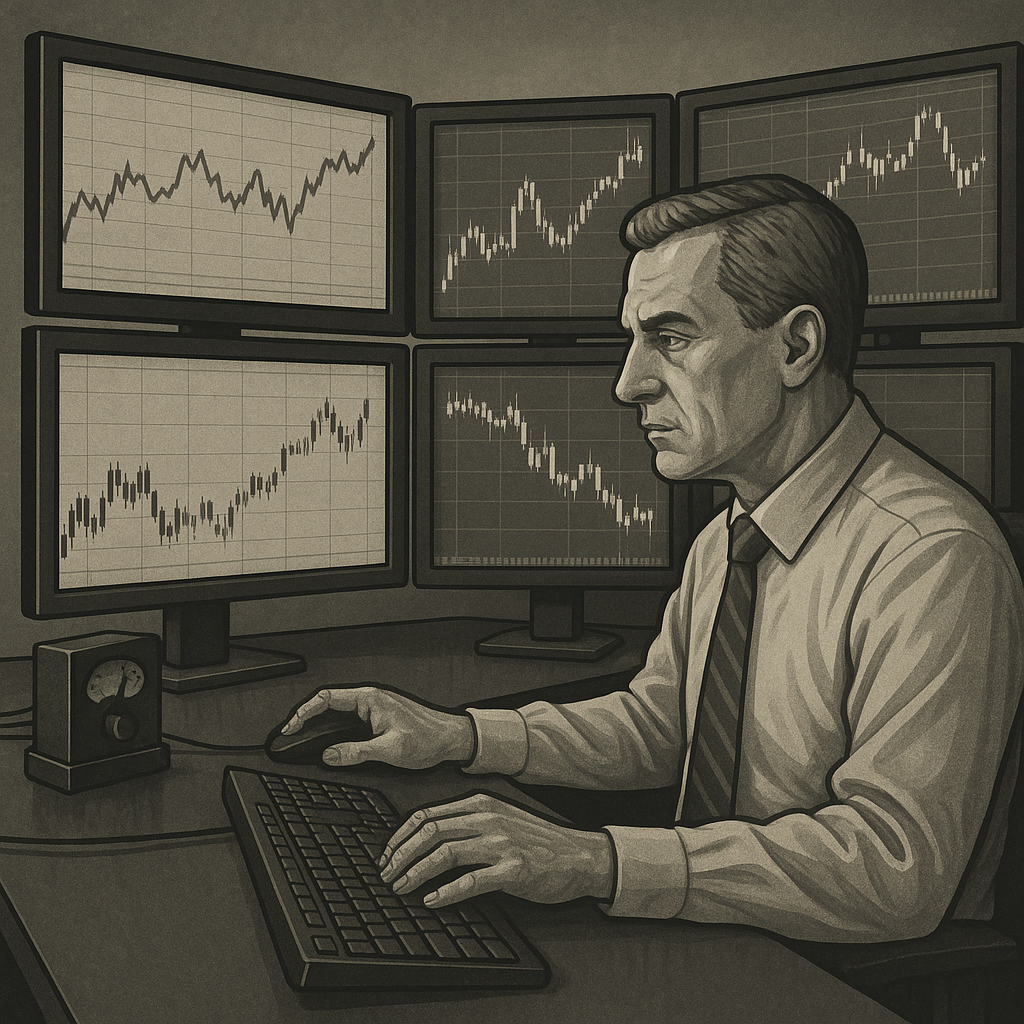 Professional trader analyzing charts on multiple monitors while managing risk in an instant funding prop trading account
