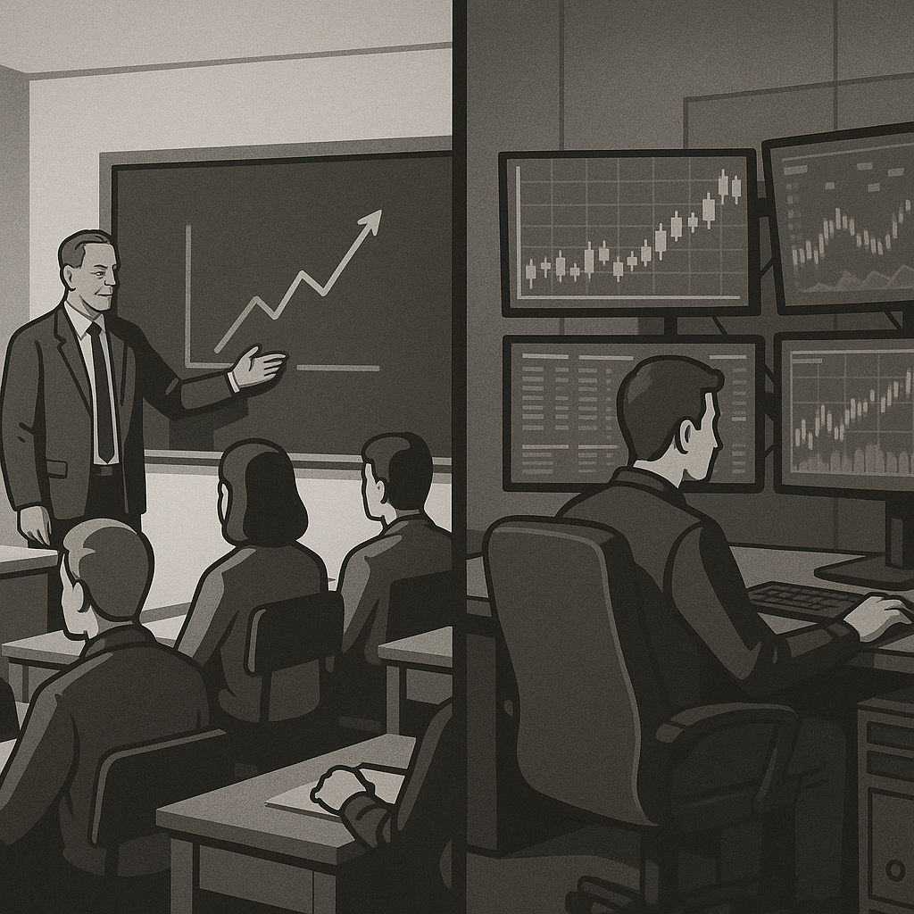 Split screen showing traditional trading education classroom vs modern prop firm education with multiple monitors and technology setup