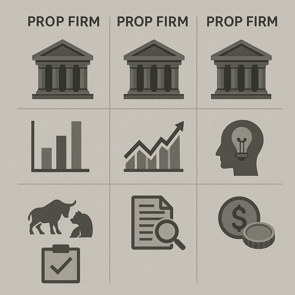 Comparison chart showing different types of prop firms with their focus areas and requirements
