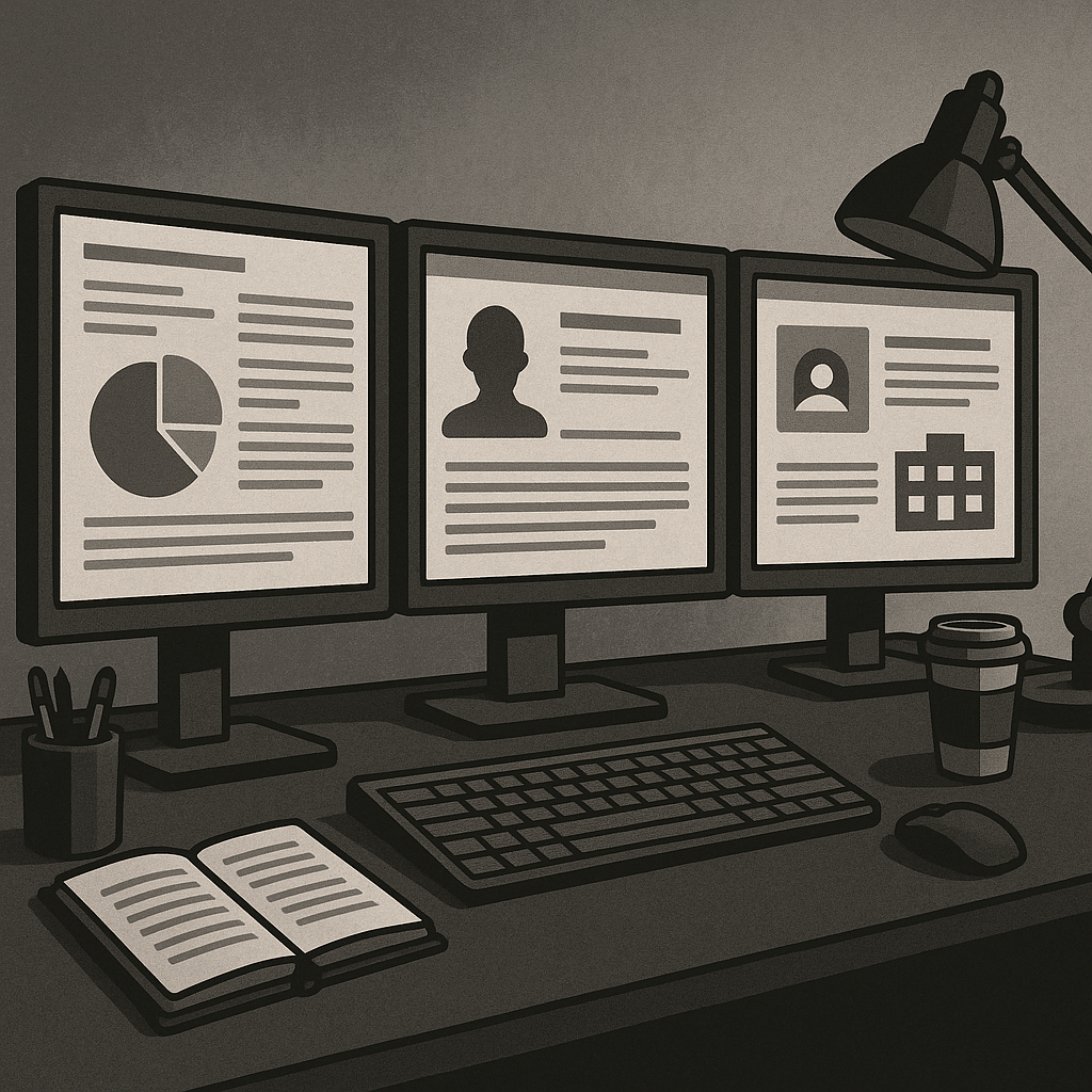 Desk setup with multiple monitors showing research materials, LinkedIn profiles, and company information