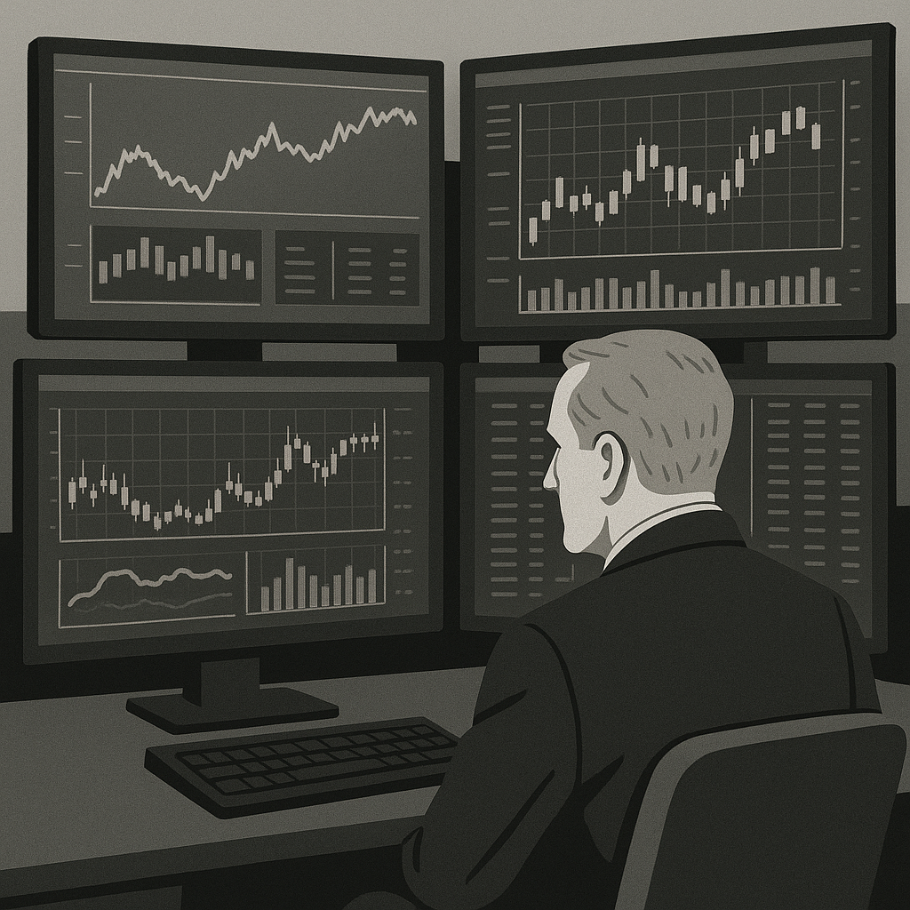 Professional trader monitoring multiple screens showing automated trading systems performance metrics and real-time market data