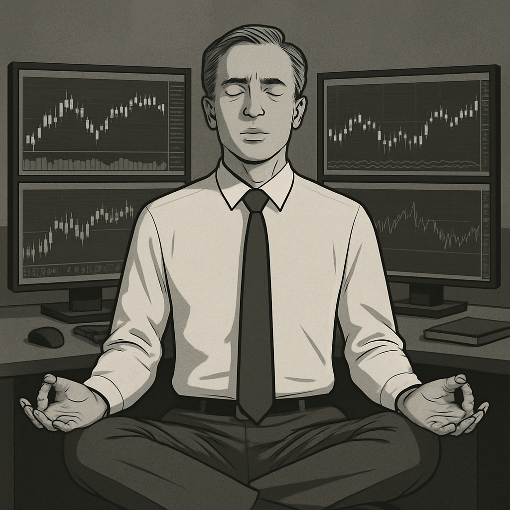 Trader meditating or doing breathing exercises before starting their trading session
