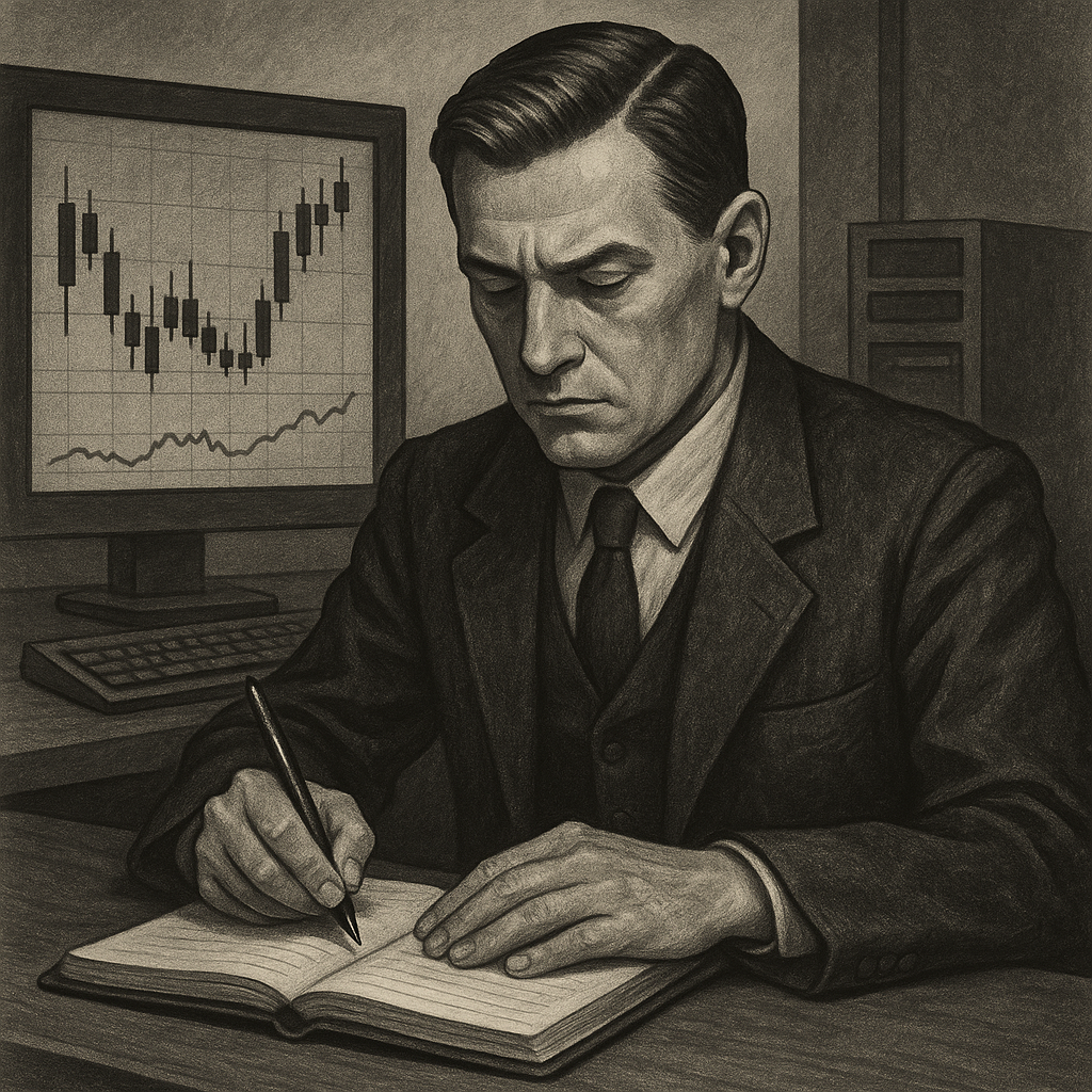 Trader writing in a journal or notebook, reflecting on trading decisions