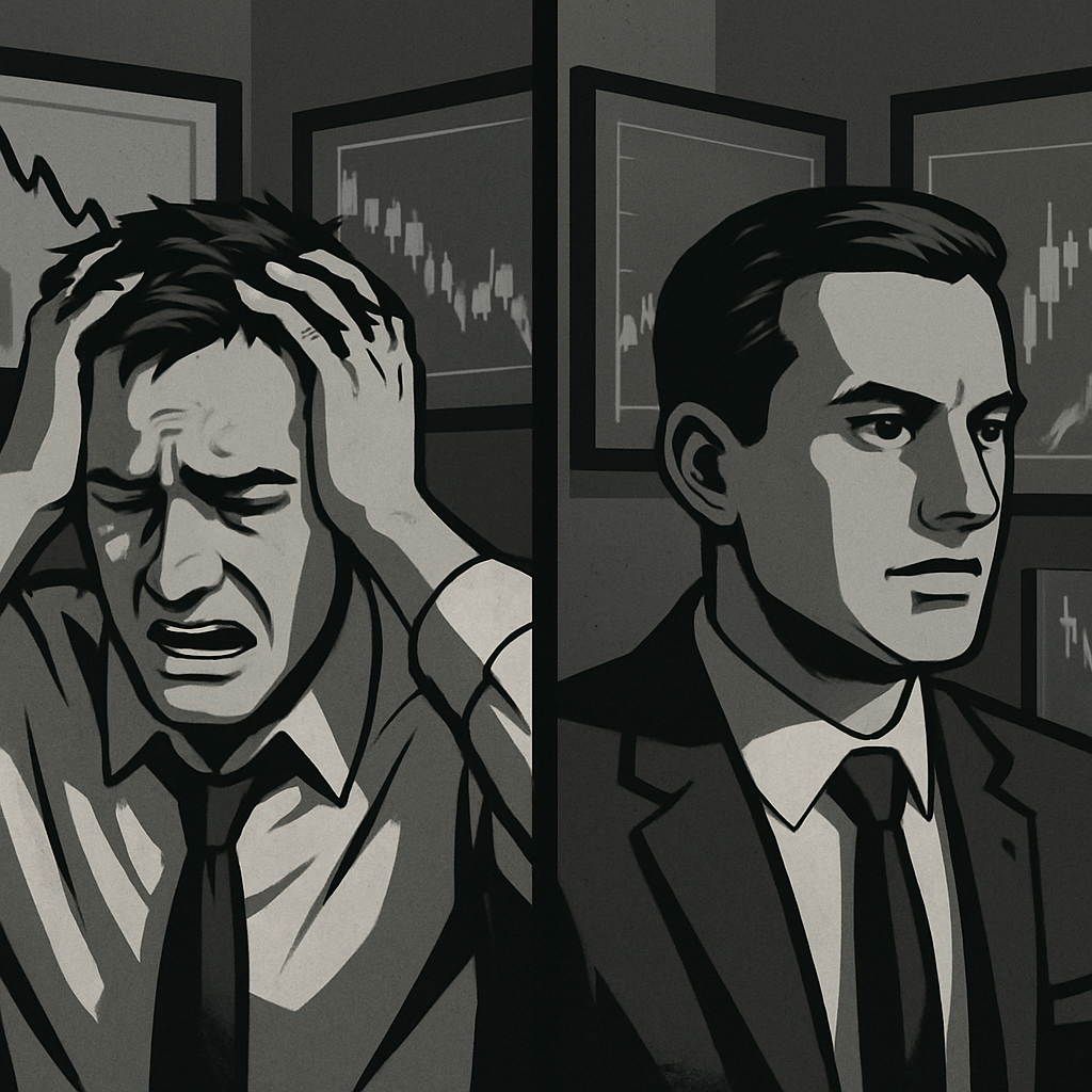 Split-screen image showing stressed trader versus calm, focused trader with charts in background