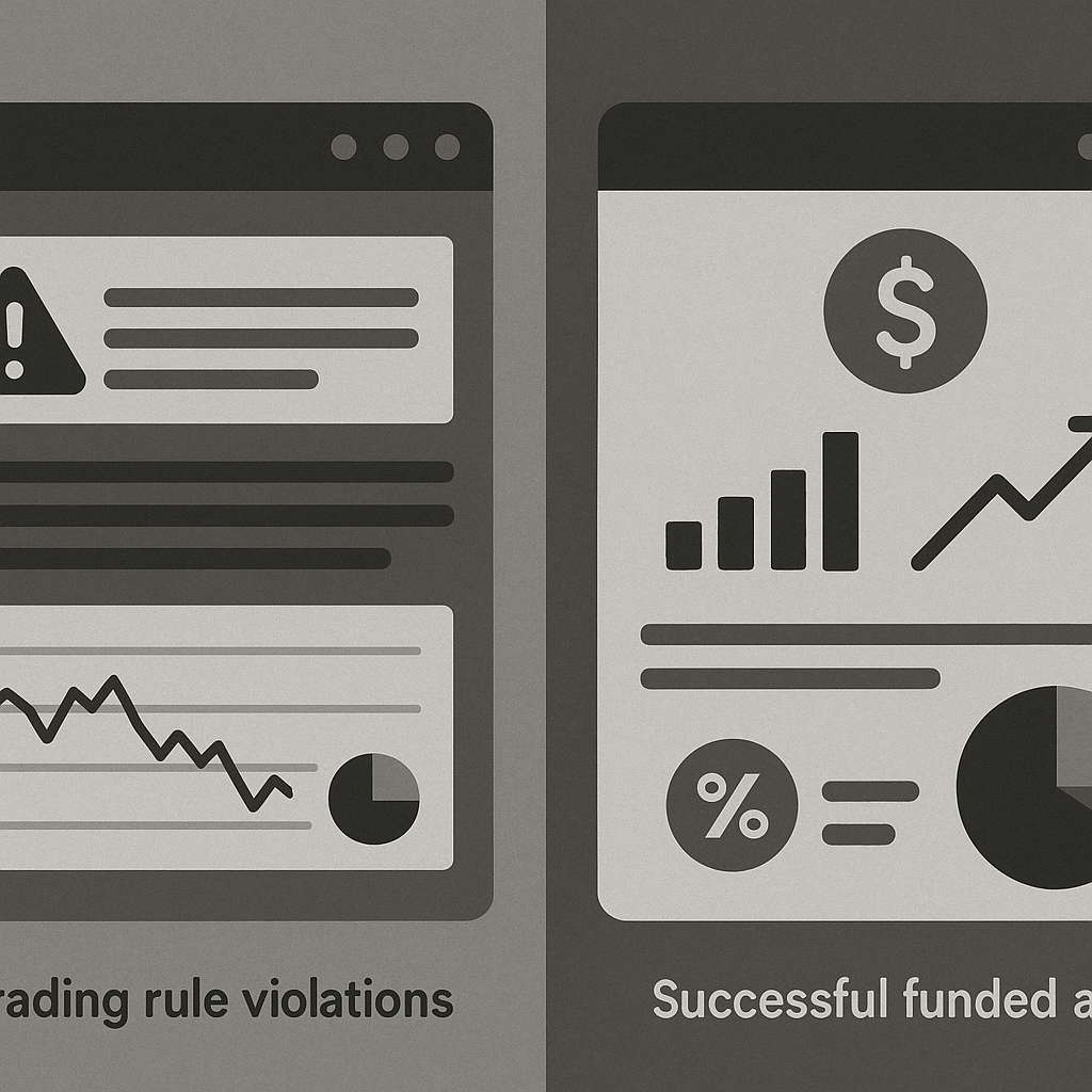 Split screen showing trading rule violations dashboard on left and successful funded account performance metrics on right