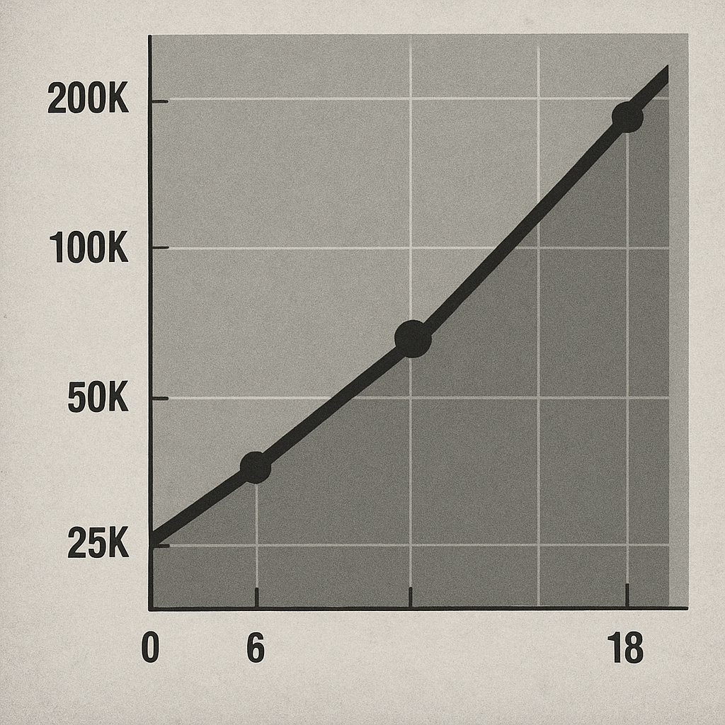 Graph showing funded account capital scaling progression from $25K to $200K over 18 months with profit milestones marked