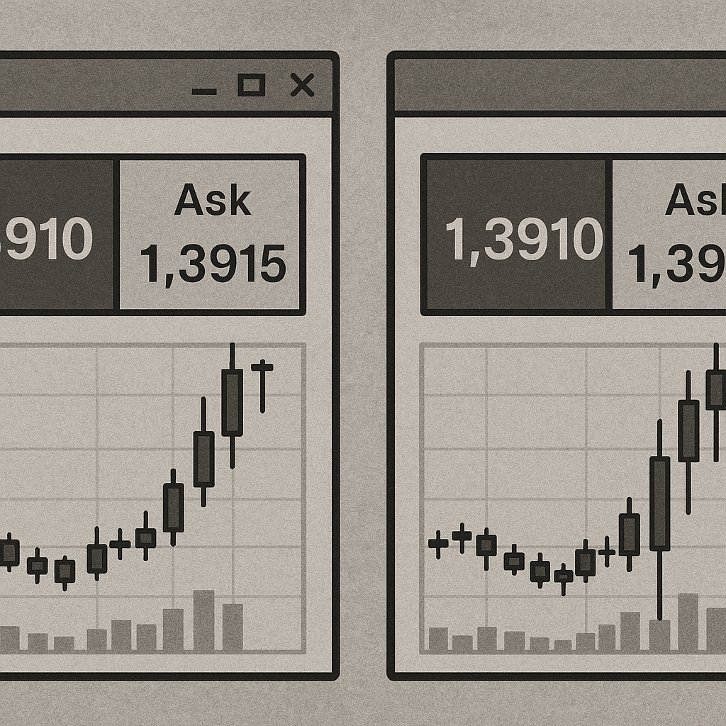 Screenshot comparison of FTMO and MyForexFunds trading platforms showing spread differences during NFP announcement