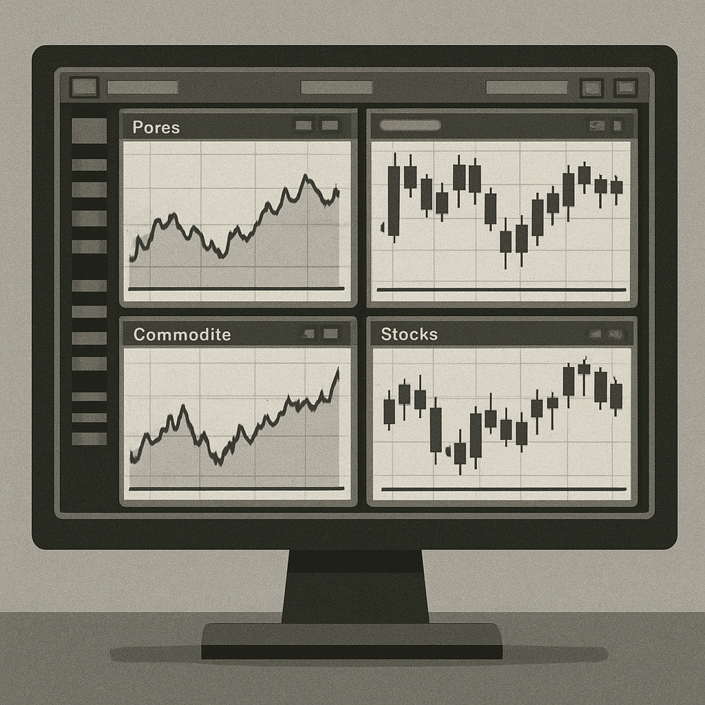 Trading platform showing multiple market windows with forex, stocks, and commodities charts