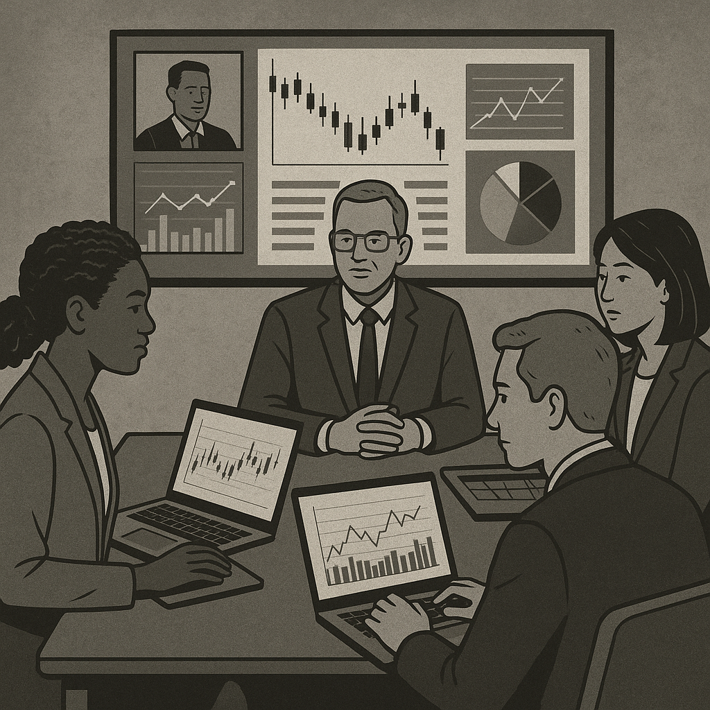 Diverse group of students participating in an online prop trading education session with multiple screens showing charts and analytics