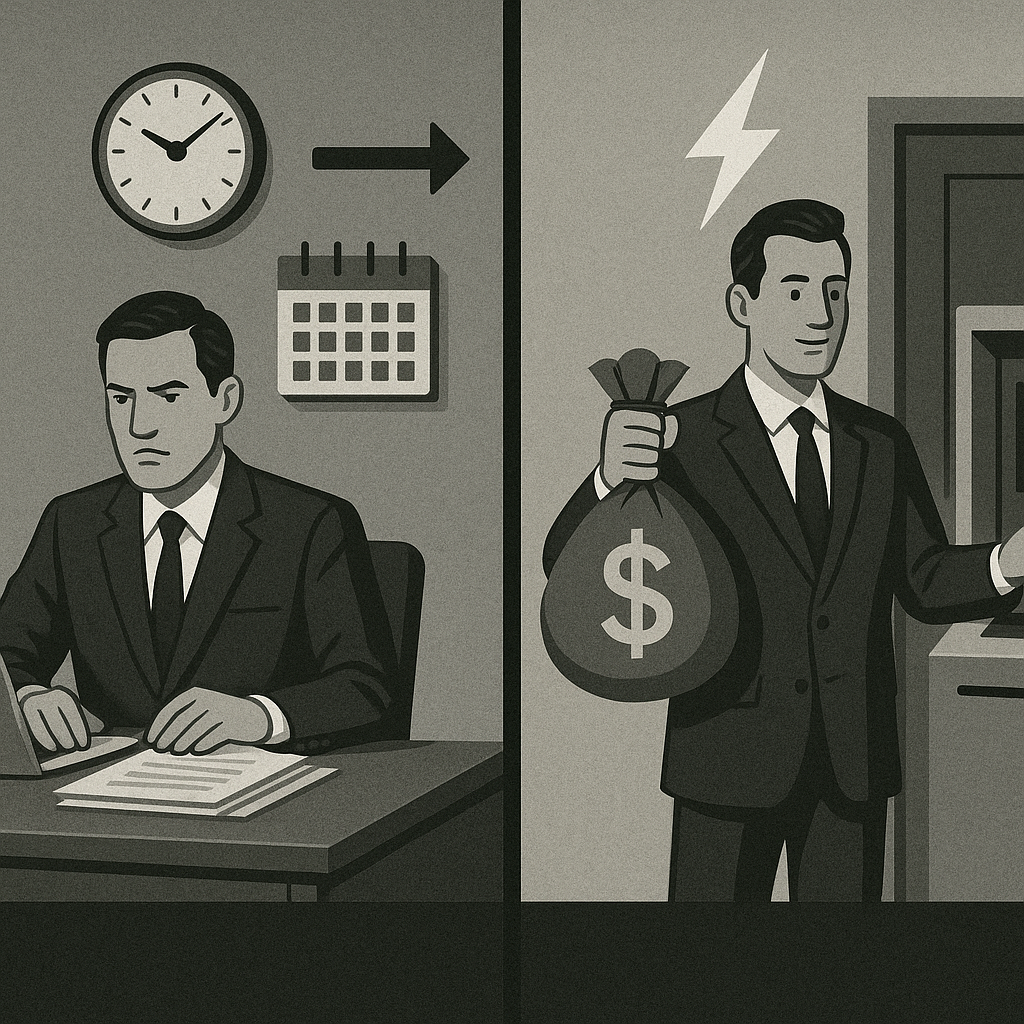 Split screen comparison showing evaluation process timeline vs instant funding immediate access