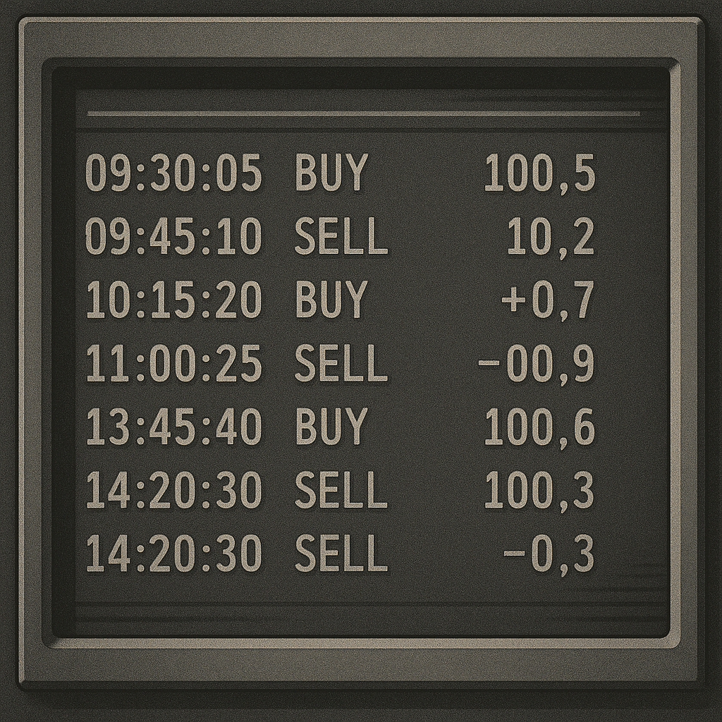 Console output showing a Python trading bot executing trades with timestamps, prices, and profit/loss calculations
