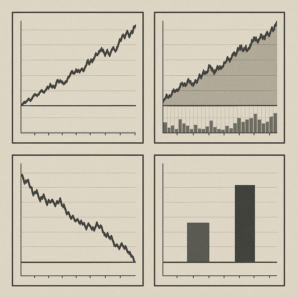 Split screen showing multiple trading strategy performance charts with profit curves, drawdowns, and win/loss ratios