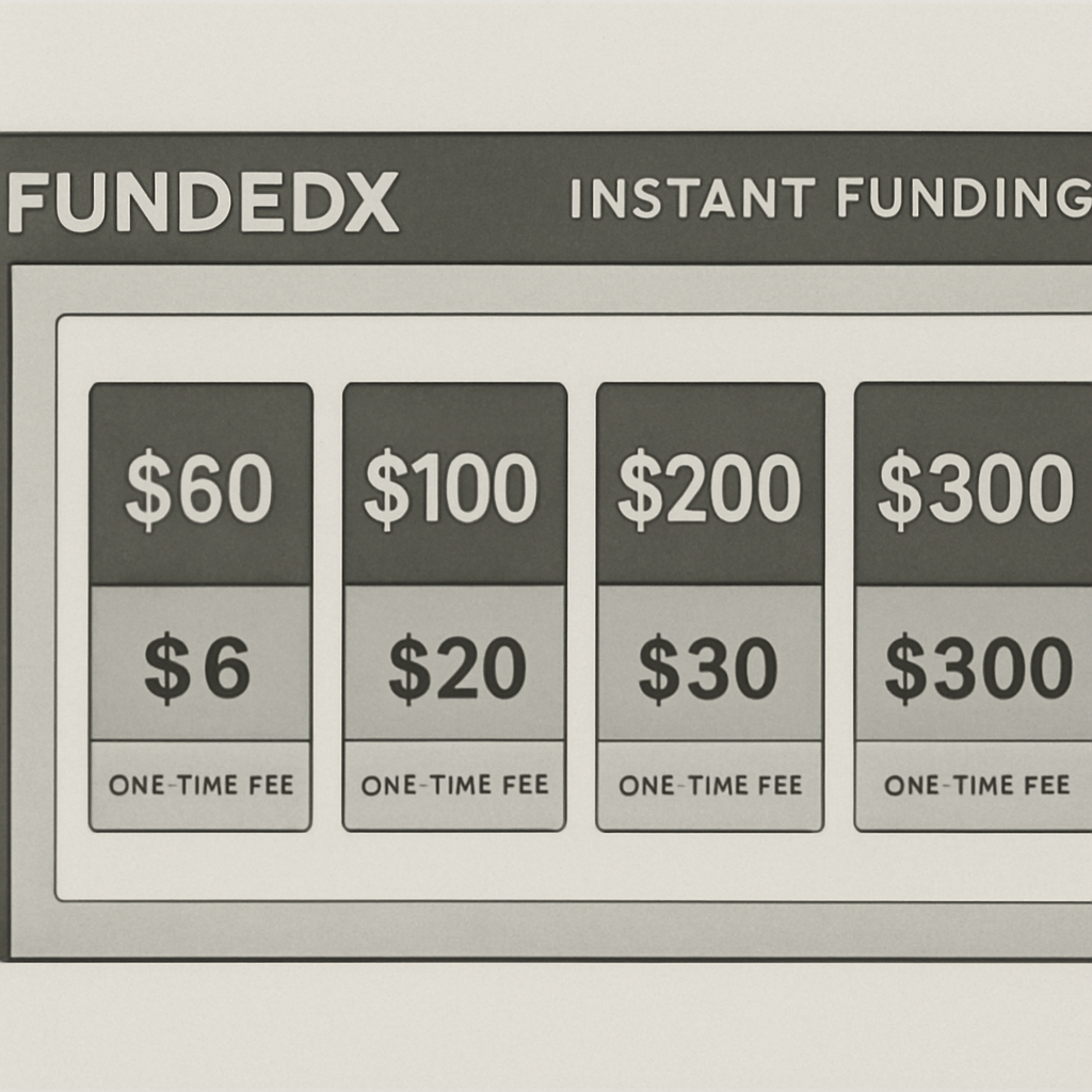 Dashboard screenshot showing FundedX instant funding account options with pricing from $60 to $5000