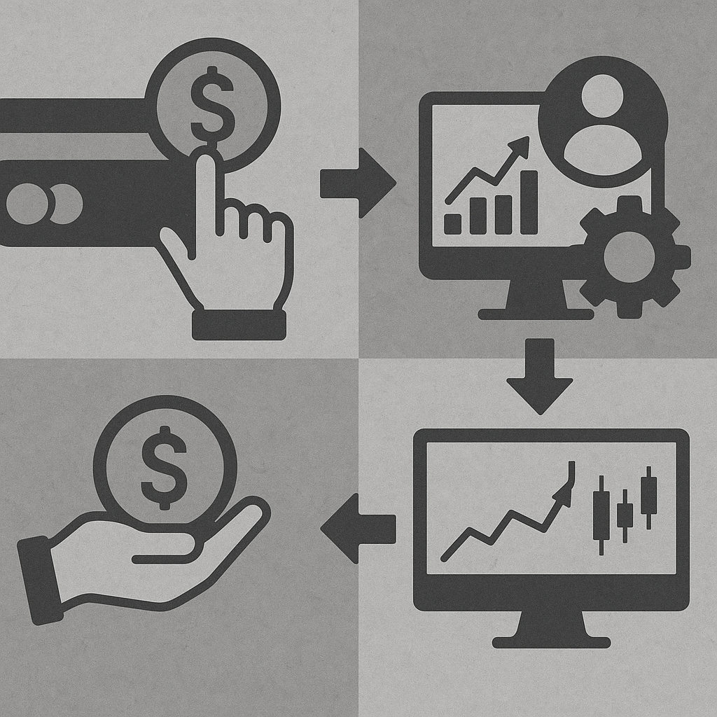 Step-by-step infographic showing the instant funding process from payment to live trading account activation