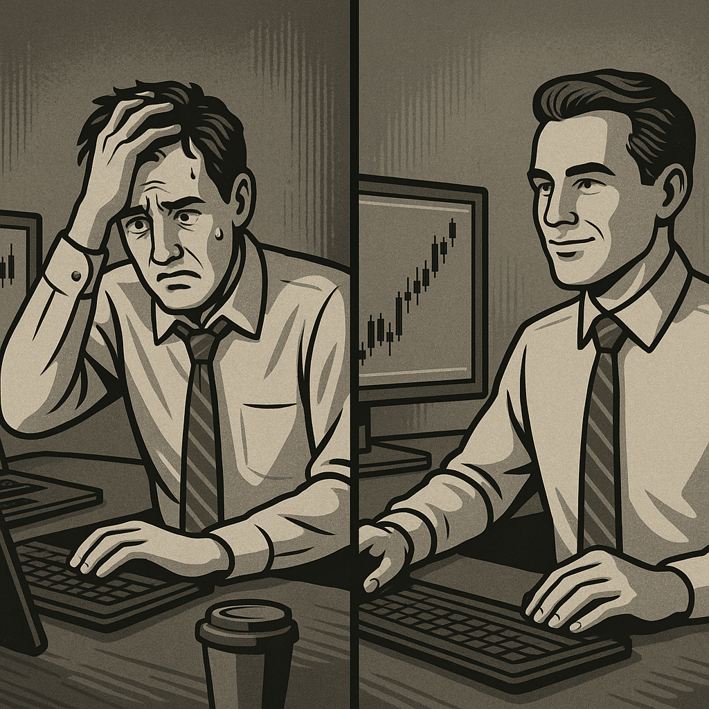 Split-screen comparison showing a stressed trader during prop firm evaluation versus a confident trader with instant funding access