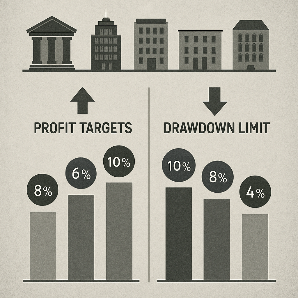 Infographic comparing profit targets and drawdown limits across different prop firms with visual charts and percentages