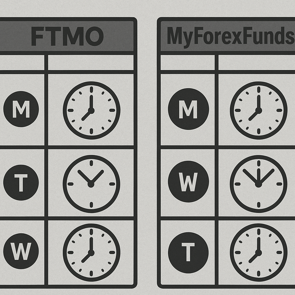 Comparison chart showing trading hours restrictions between FTMO and MyForexFunds