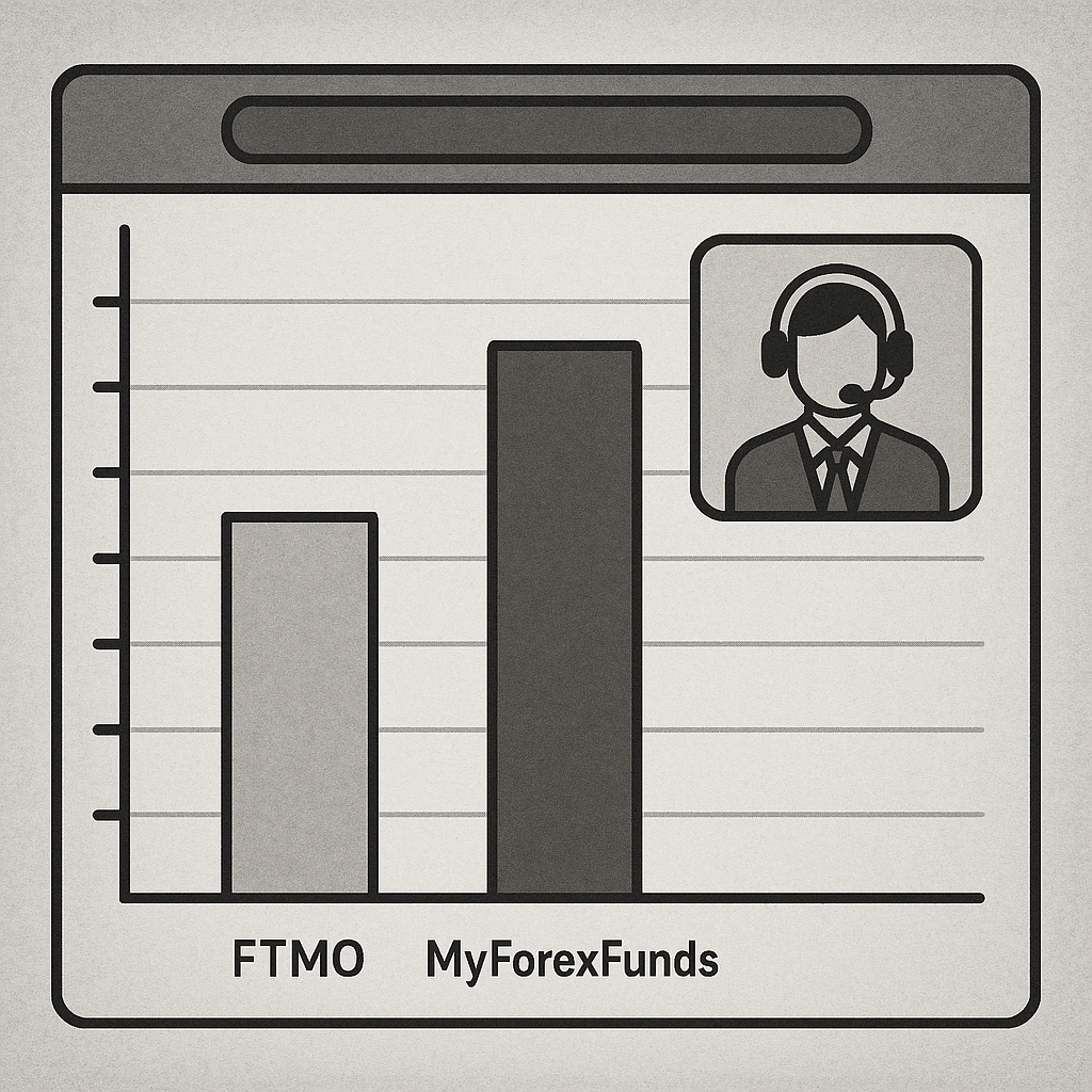 Screenshot showing customer support response times comparison between FTMO and MyForexFunds