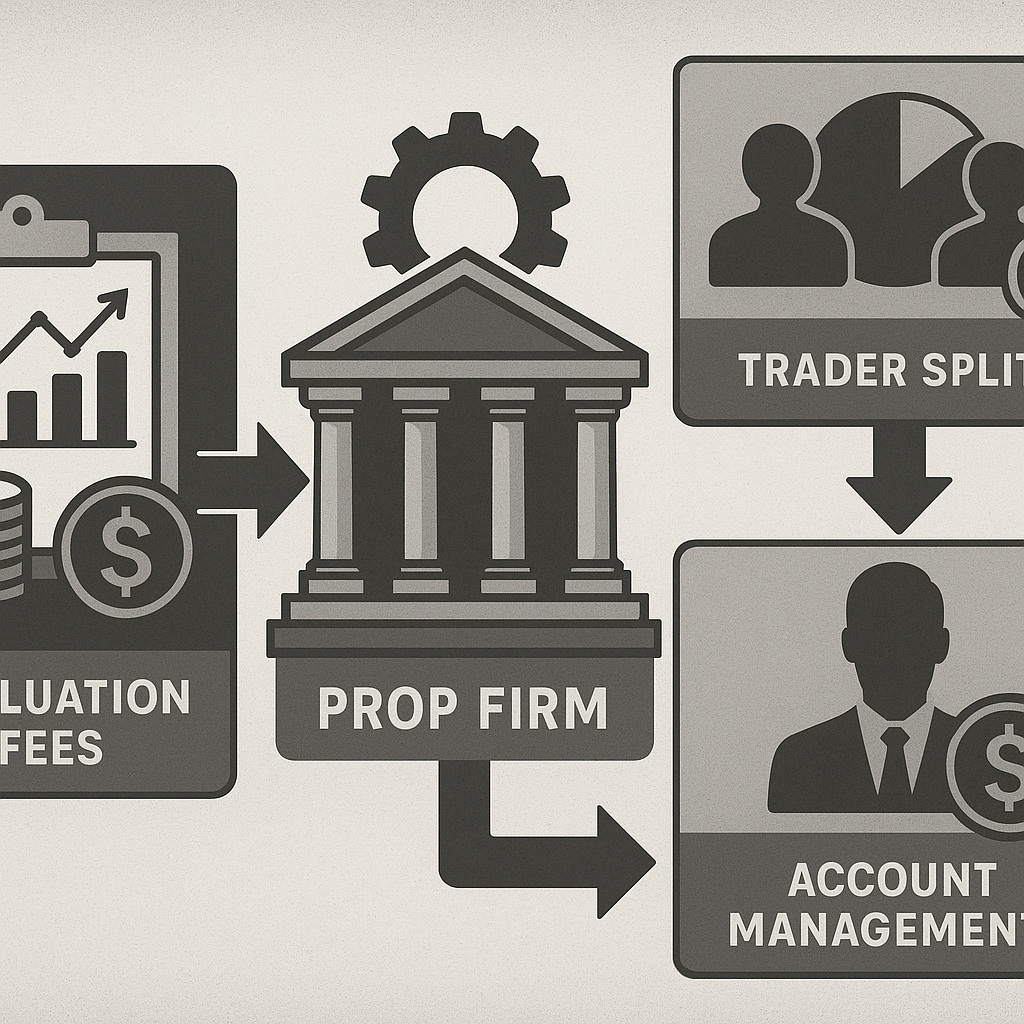 Infographic showing the prop firm business model with revenue streams from evaluation fees, trader splits, and account management