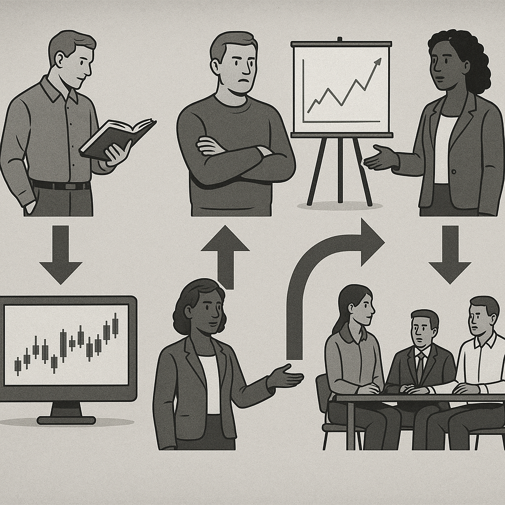 Diagram showing different learning pathways for visual, analytical, and social learners in prop trading education