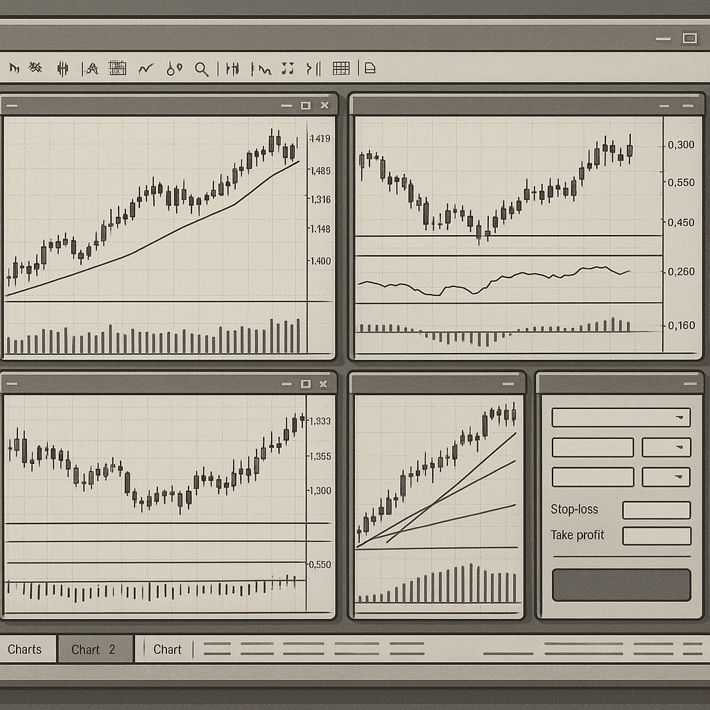 MetaTrader 5 platform showing multiple forex charts with technical analysis tools and risk management features