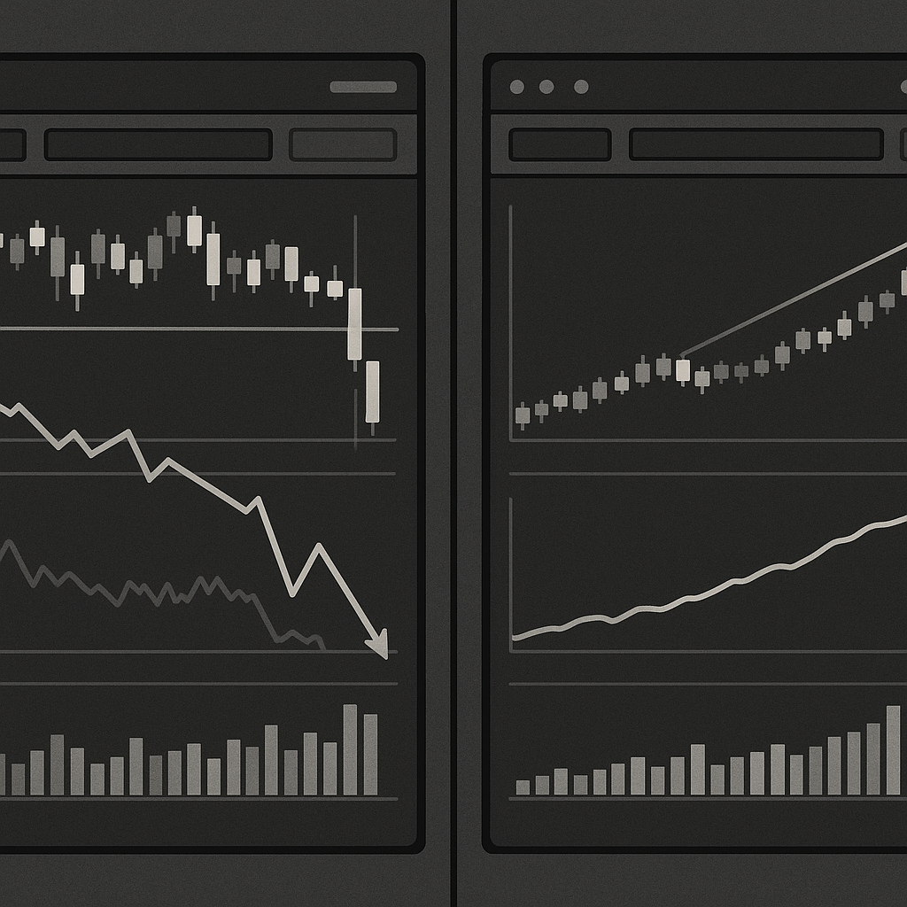 Split screen showing two trader dashboards - one with erratic high-risk trades leading to account blowup, another with consistent small gains building steadily toward profit target
